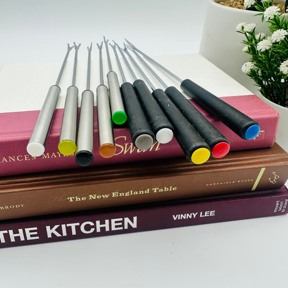 Vintage Fondue Fork Lot of 10 Stainless Steel and Black MCM Party Skewers